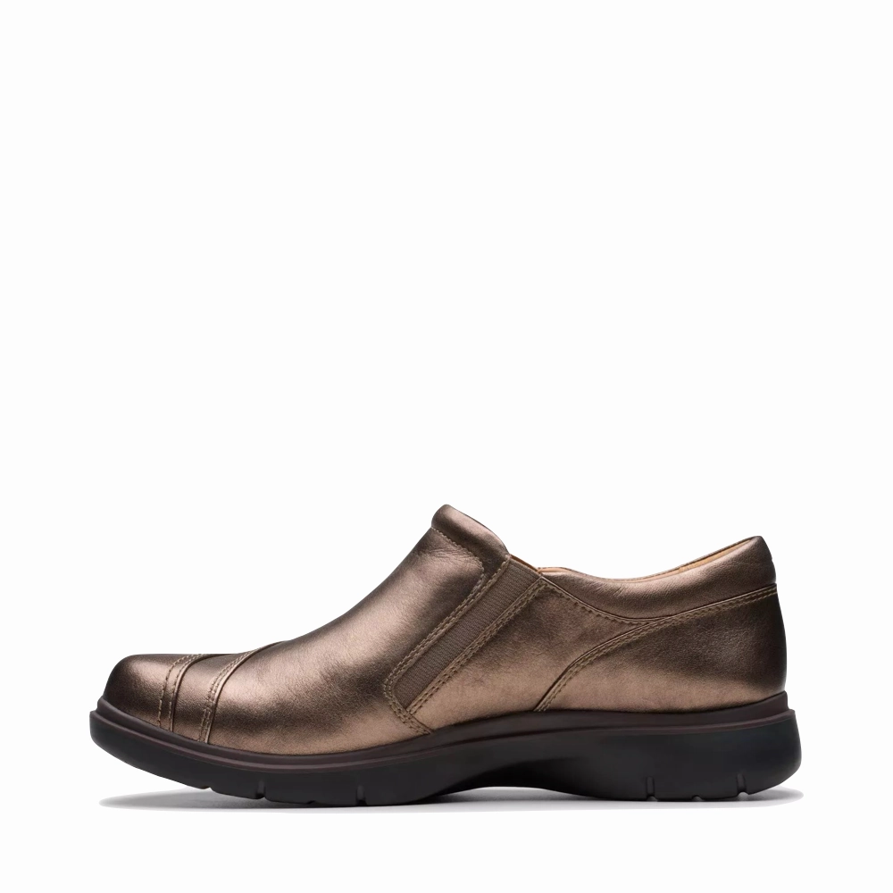 Compression Molded Midsole Gentle Walk Clarks Women's Certina Pure Leather Side Zip Slip On in Antique Brown Bronze