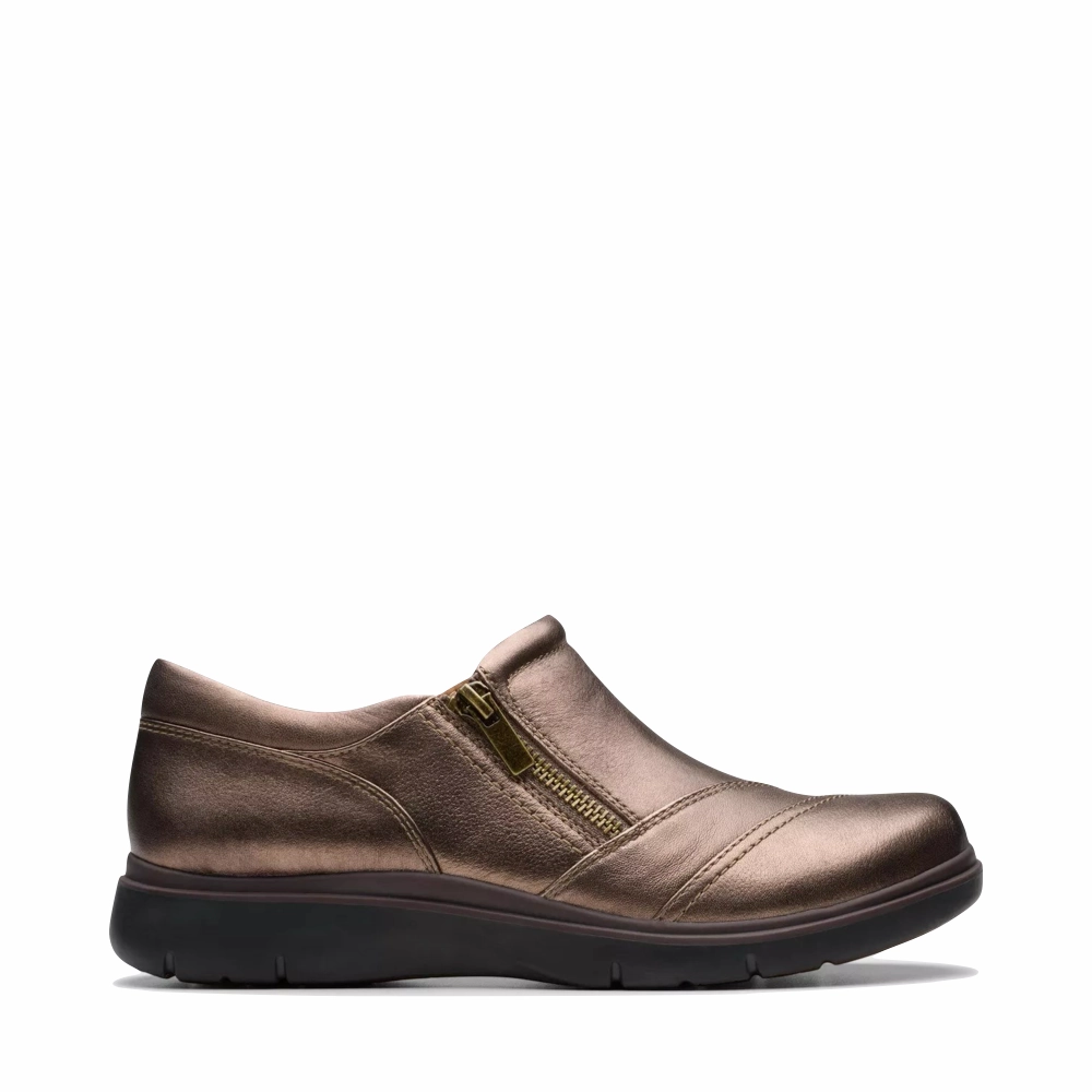 Clarks Women's Certina Pure Leather Side Zip Slip On in Antique Brown Bronze Clogs Water Resistant