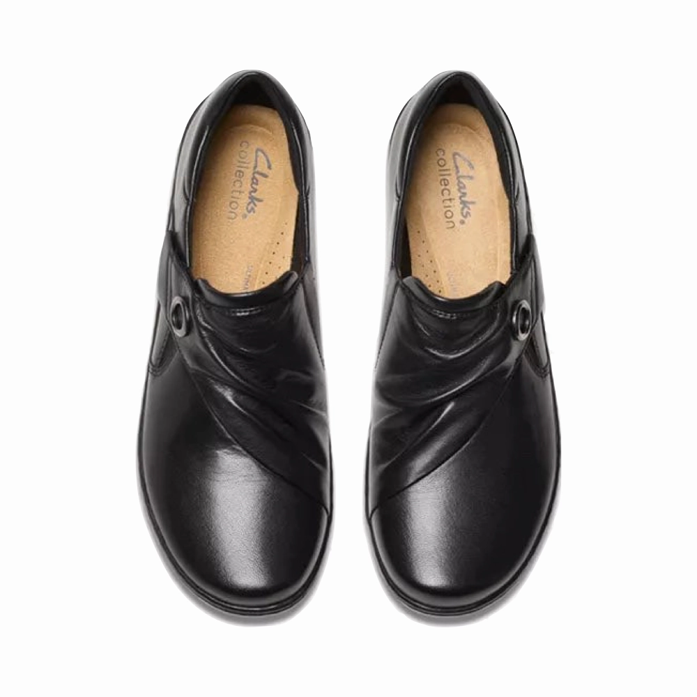 Clarks Women's Cora Aubrie Slip On Shoe in Black Subtle Edge Stable Walk