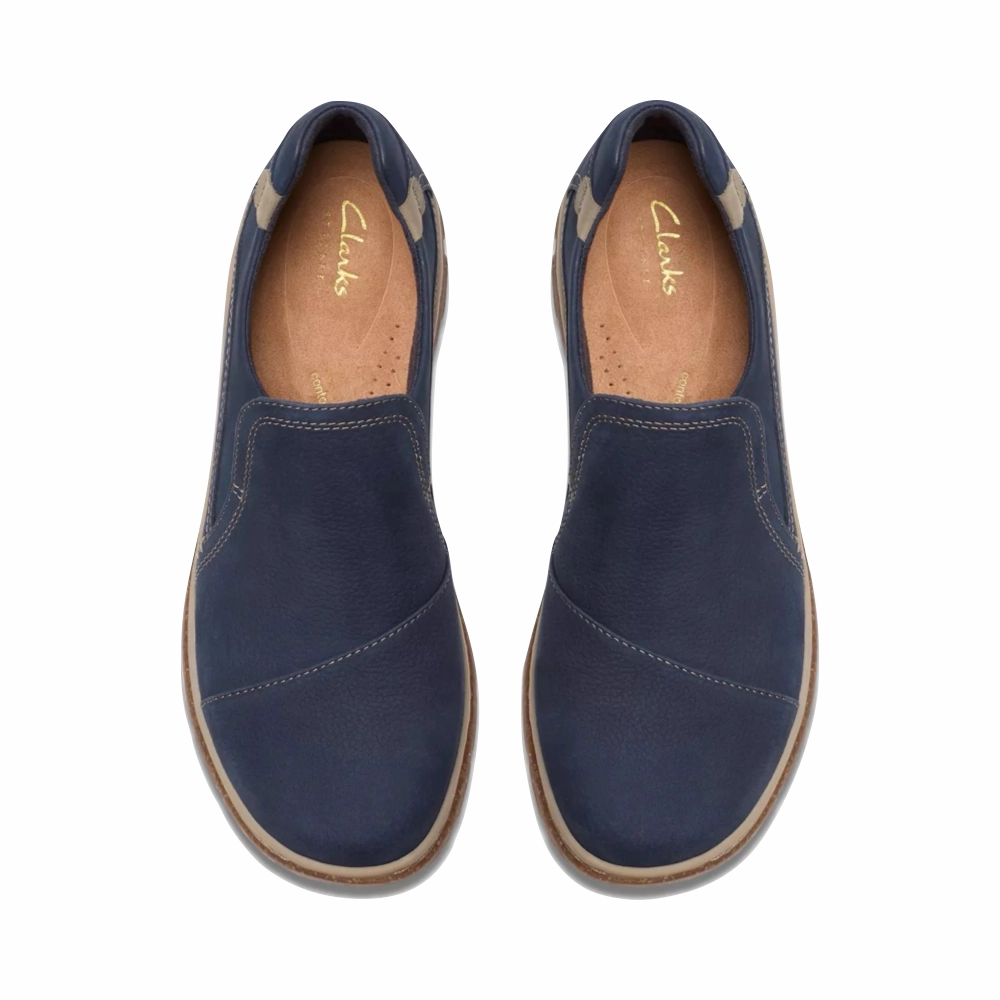 Clarks Women's Orlene Slip On in Navy Nubuck Flexible   outsole Daily Walk