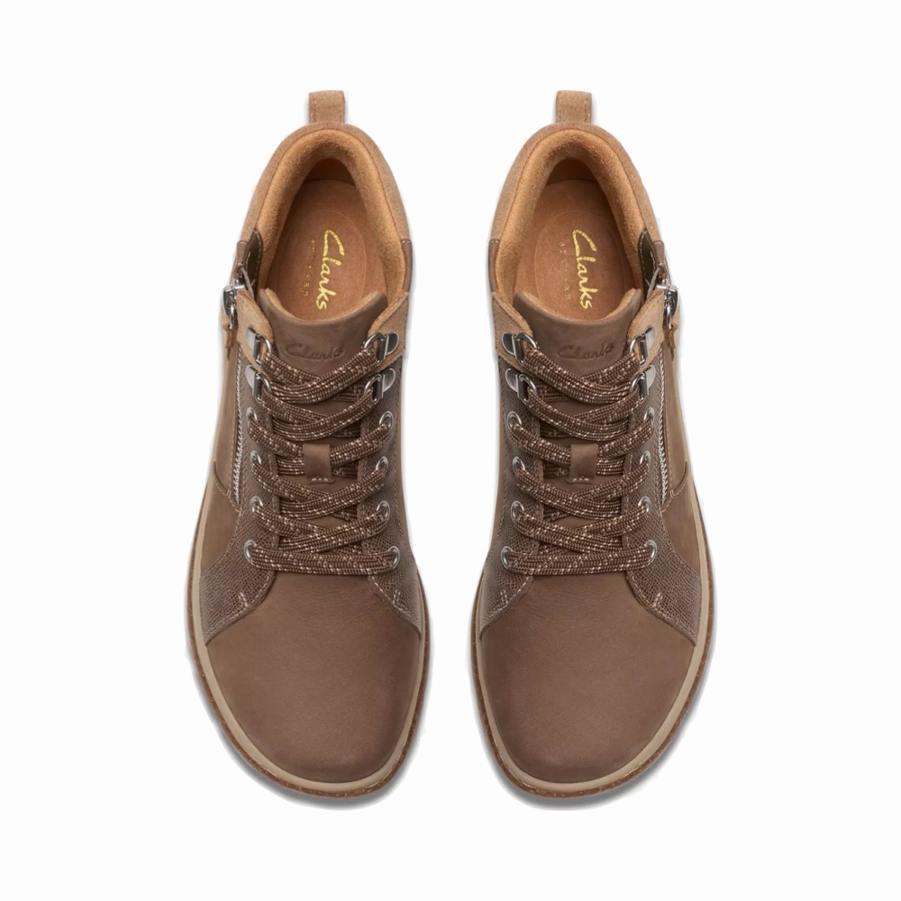 High Cushion Clarks Women's Orlene Top Waterproof Boots in Dark Sand Nubuck