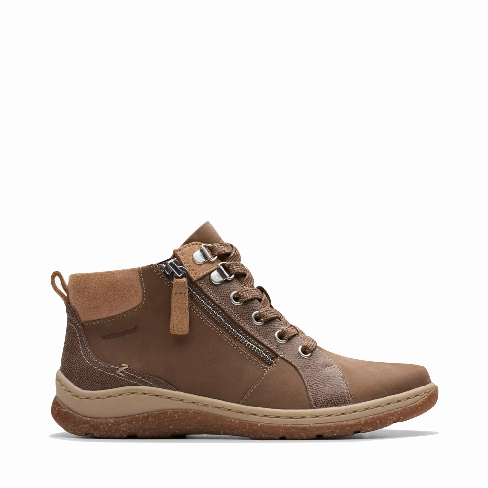 Clarks Women's Orlene Top Waterproof Boots in Dark Sand Nubuck Explore More Mixed Texture