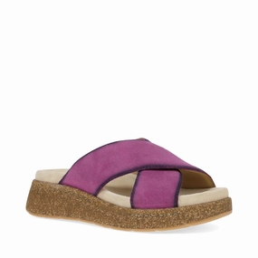 Dansko Women's Bridget Leather Platform Slide Sandal in Plum Burnished Suede Step Support