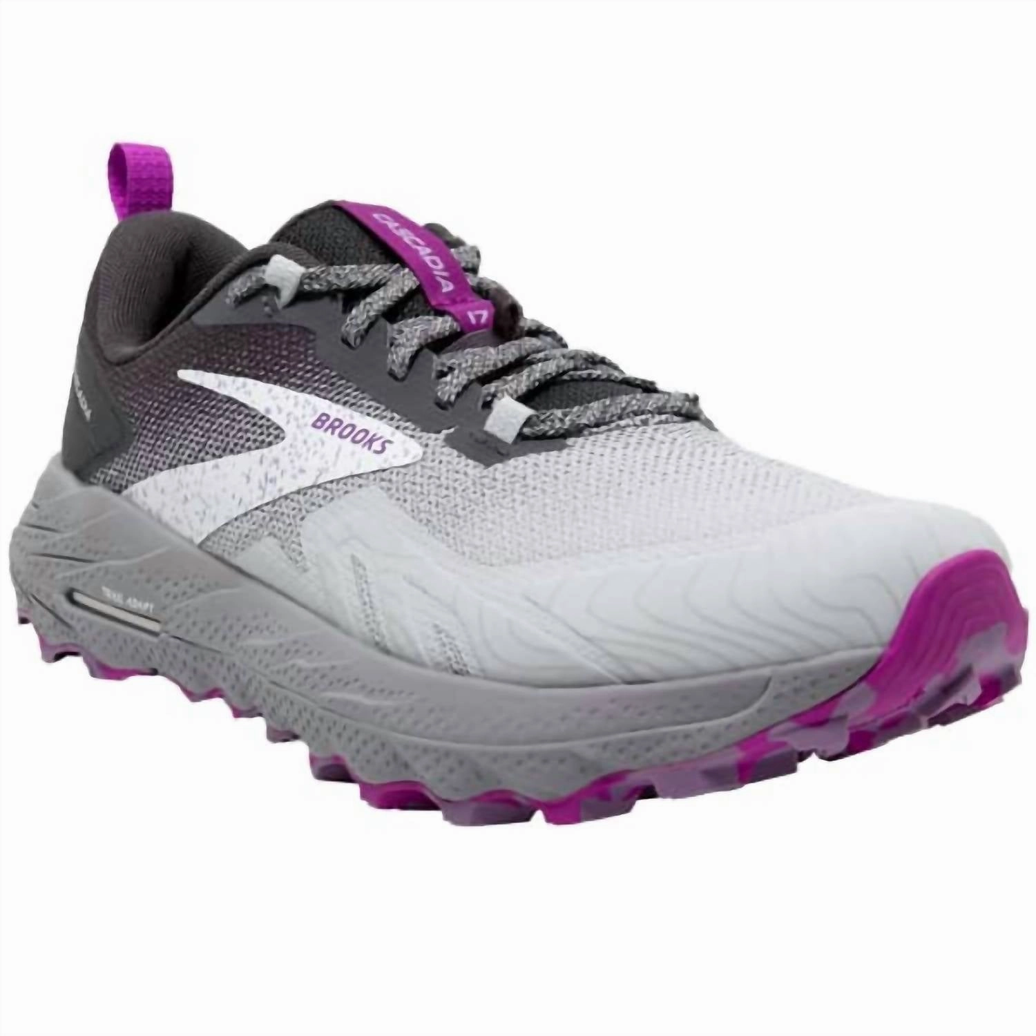 Outsole Grip Adaptive Cushion Stack Women's Cascadia 17 Shoes In Oyster/blackened Pearl/purple