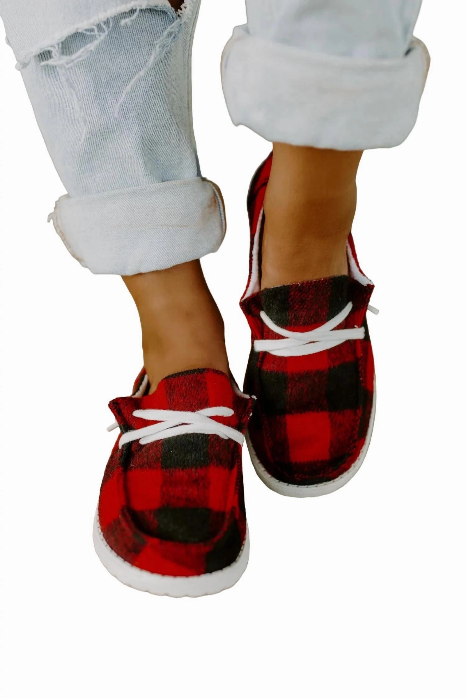 Women's Heather Sneakers In Red Buffalo Plaid Freedom Steps Everyday Flex