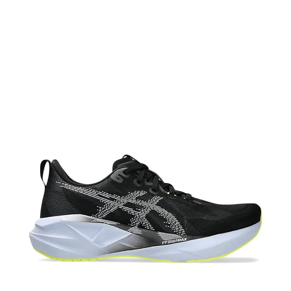 Asics Men's Novablast 5 Sneaker in Black/Blue Fade Stretchable Material Fresh Daily