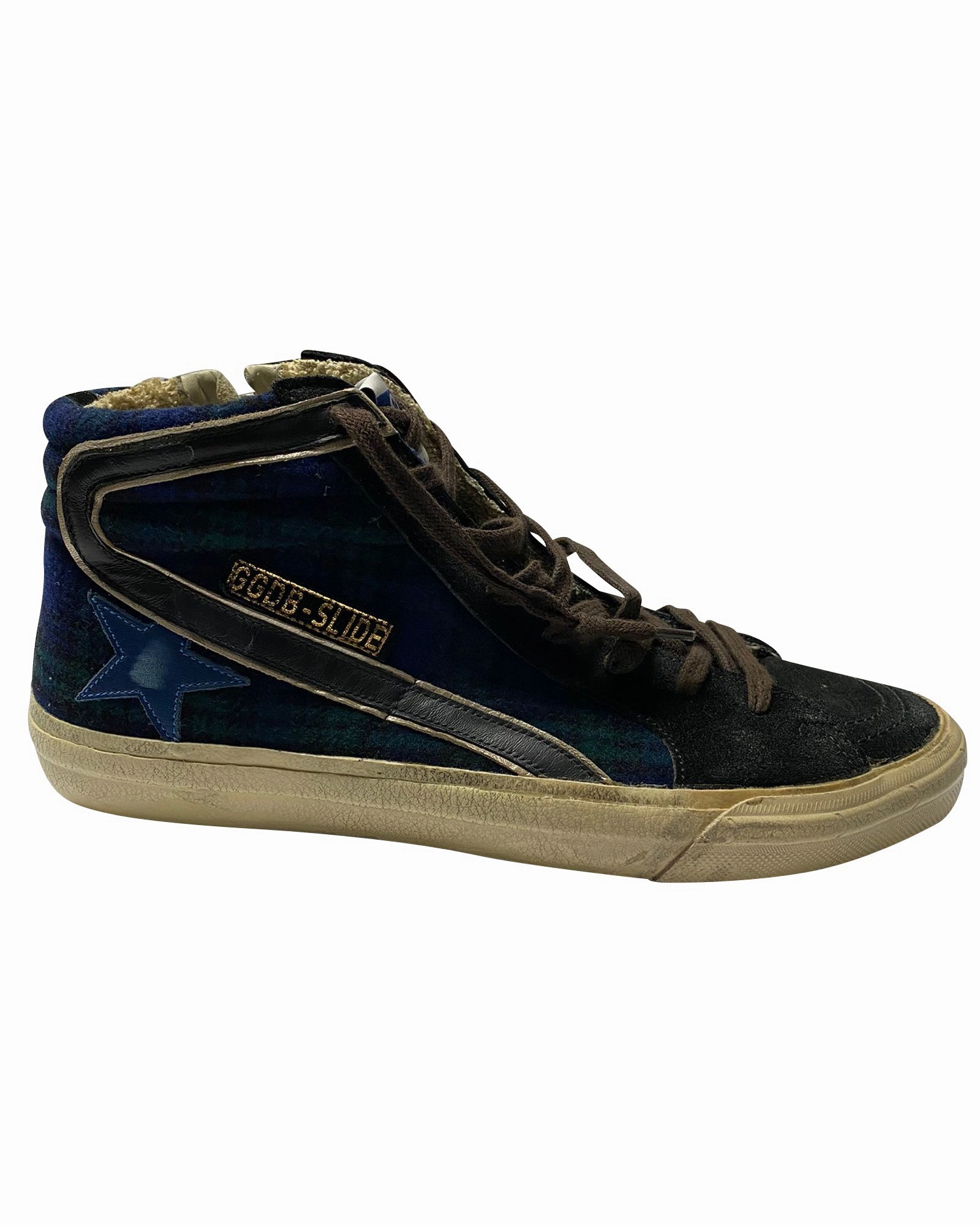 Airflow Engineered Ultra-soft performance Golden Goose Slide Tartan High Top Sneakers in Blue Suede