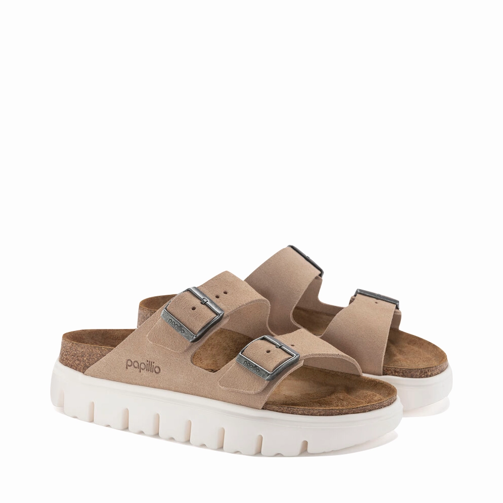 River Path Natural Form Birkenstock Women's Arizona Chunky Suede Leather Slide Sandal in Warm Sand