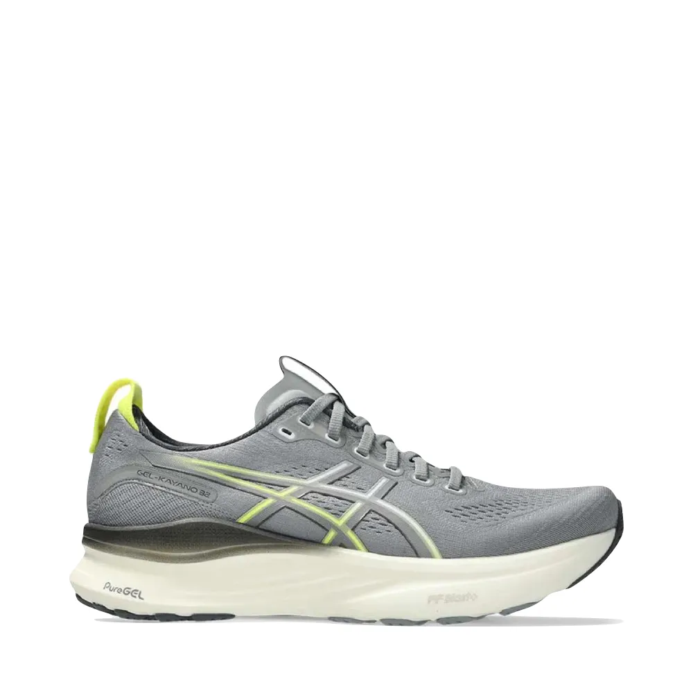 Minimalist Design Goal Hike Asics Men's GEL-KAYANO 32 Sneaker in Gravel/Citron