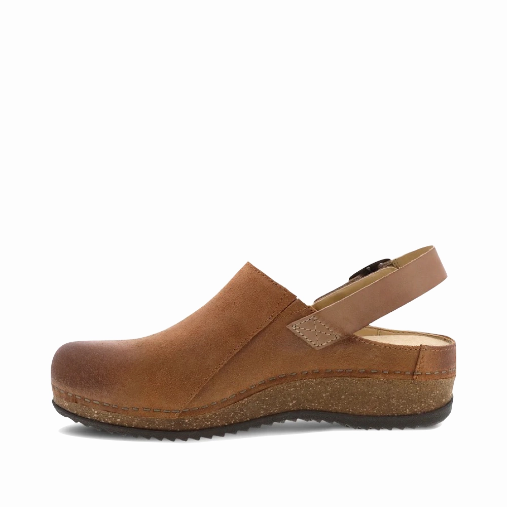 Dansko Women's Merrin Sling Back Clog in Tan Nubuck Outfit Boost Firm Grip