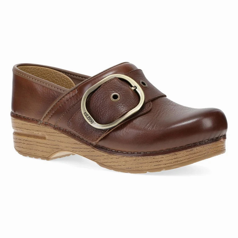 Dansko Women's Pearson Buckle Clog in Brown Waxy Leather Sand Step Smooth Padding