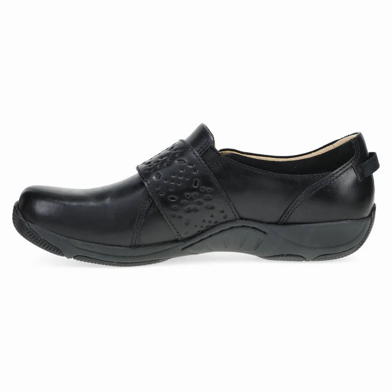 Tidy look Walk Routine Dansko Women's Sallie Adjustable Strap Shoe in Black Waxy Burnished Leather