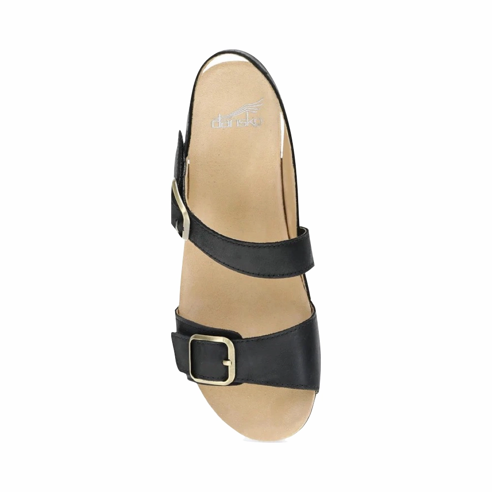 Dansko Women's Trinity Heeled Sandal in Black Burnished Nubuck Wind Safe Morning Step