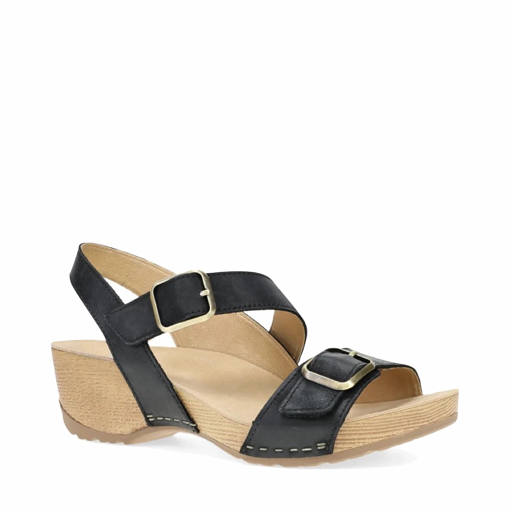 Tread Ready Night Pace Dansko Women's Trinity Heeled Sandal in Black Burnished Nubuck