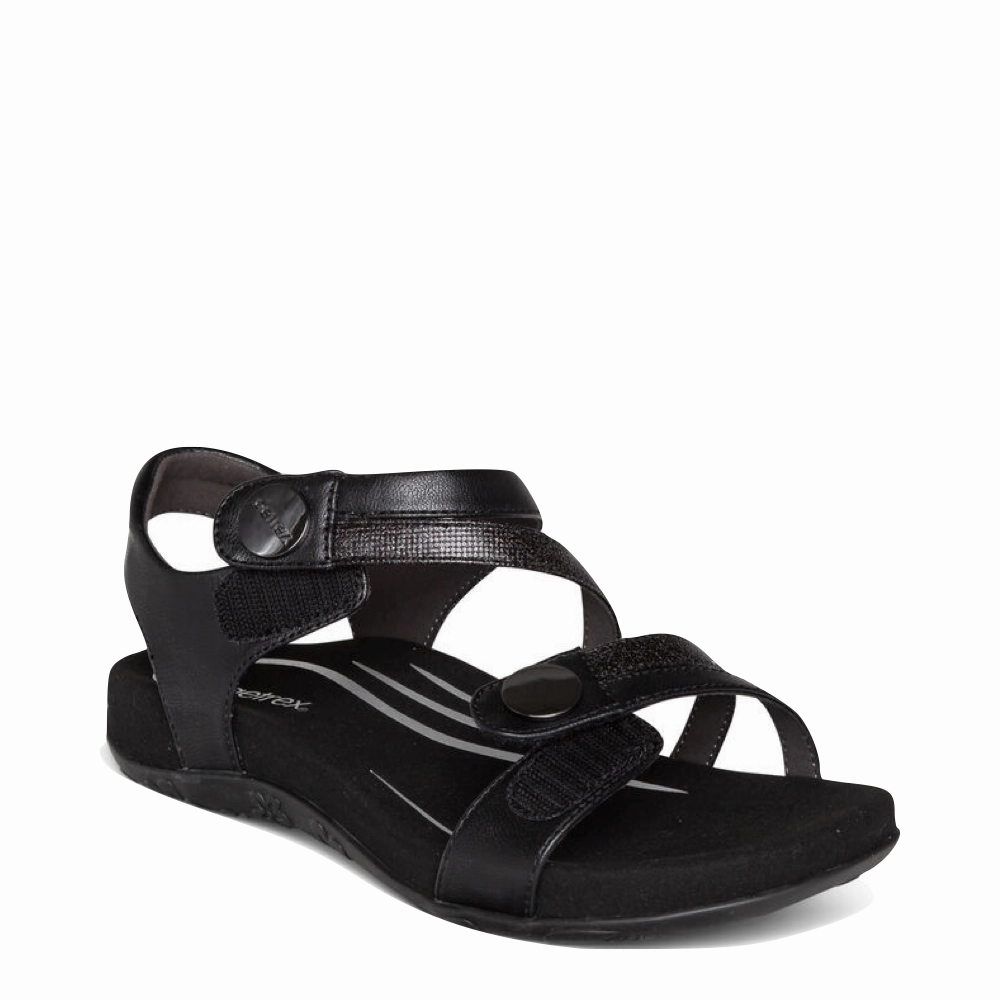 Aetrex Women's Jess Adjustable Quarter Strap Sandal in Black Cushioned Fit Stretch Lining