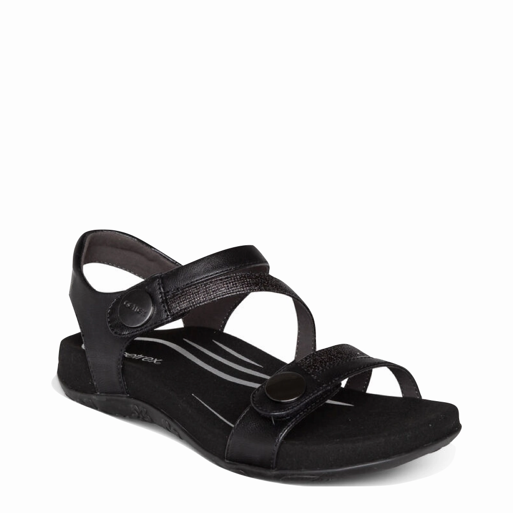 Comfort Aetrex Women's Jess Adjustable Quarter Strap Sandal in Black