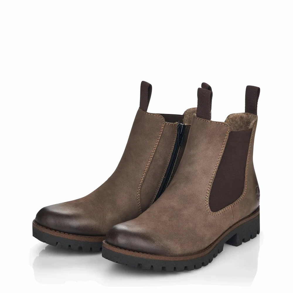 Rieker Women's 70 Chelsea Side Zip Suede Boot in Mud Brown High Step