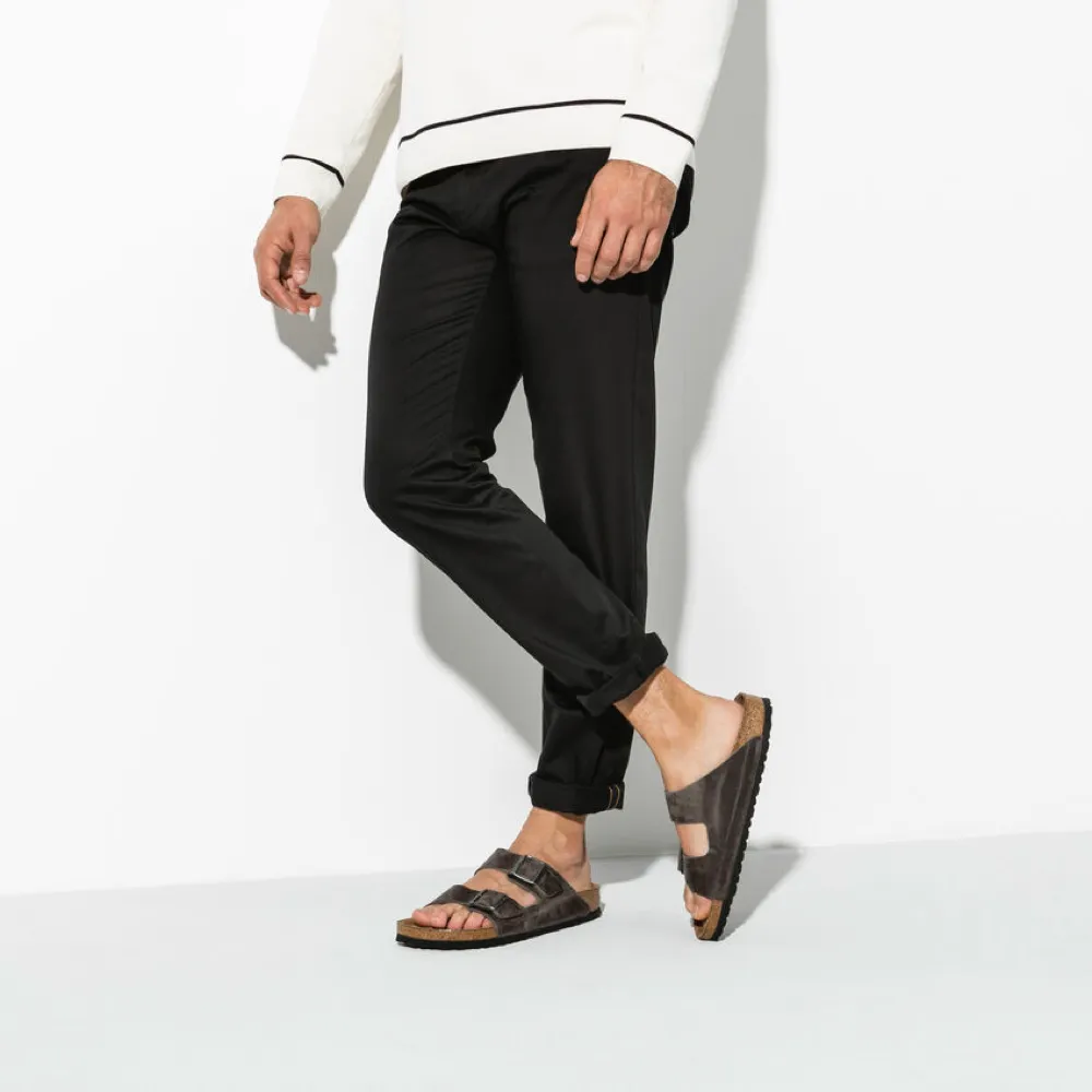 Mobility Boost Calm Grey Birkenstock Arizona Oiled Leather Soft Regular Footbed Sandal in Iron Grey