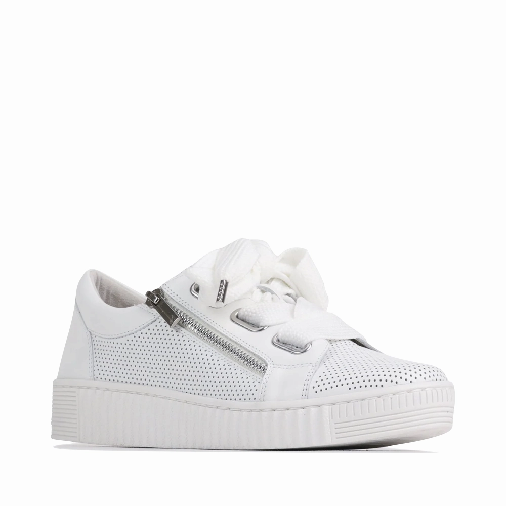 EOS Women's Jovi Luxe Perf Leather Tie Sneaker in White Comfort Straps Inner Softness