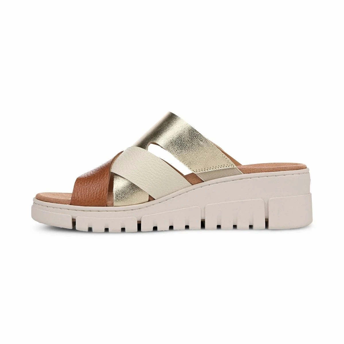 Vionic Women's Uptown Sunset Leather Slide Wedge Sandal in Tan Pasture Hike