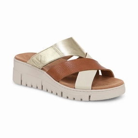 Vionic Women's Uptown Sunset Leather Slide Wedge Sandal in Tan Recycled fabric