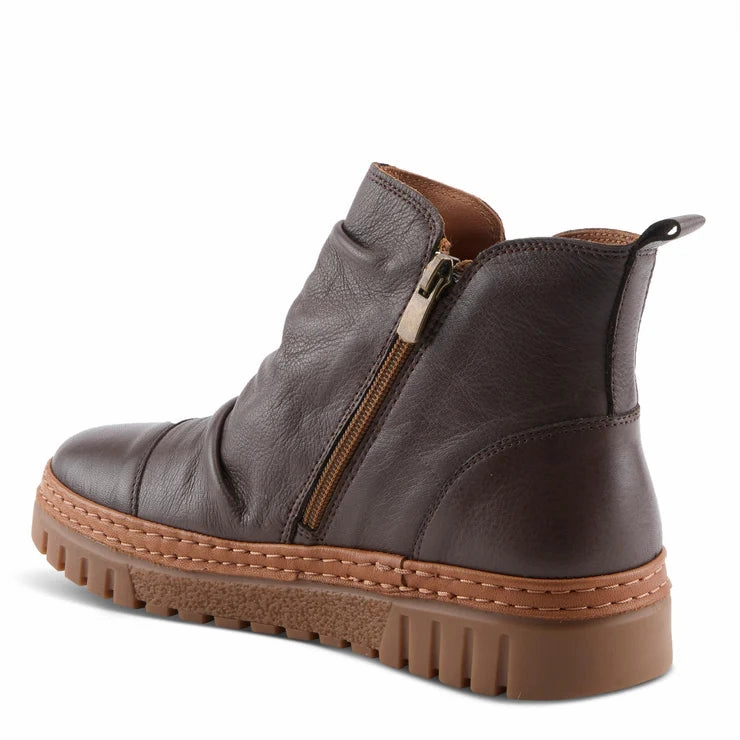 Drill Run Street Outfit Spring Step Women's VanDis Low Leather Zip Boot in Dark Brown
