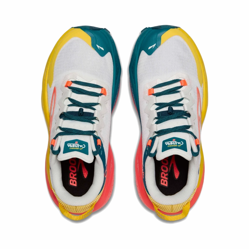 Taxi Ride Street Casual Brooks Women's Caldera 8 Sneaker in Bit of Blue/Quince/Flame