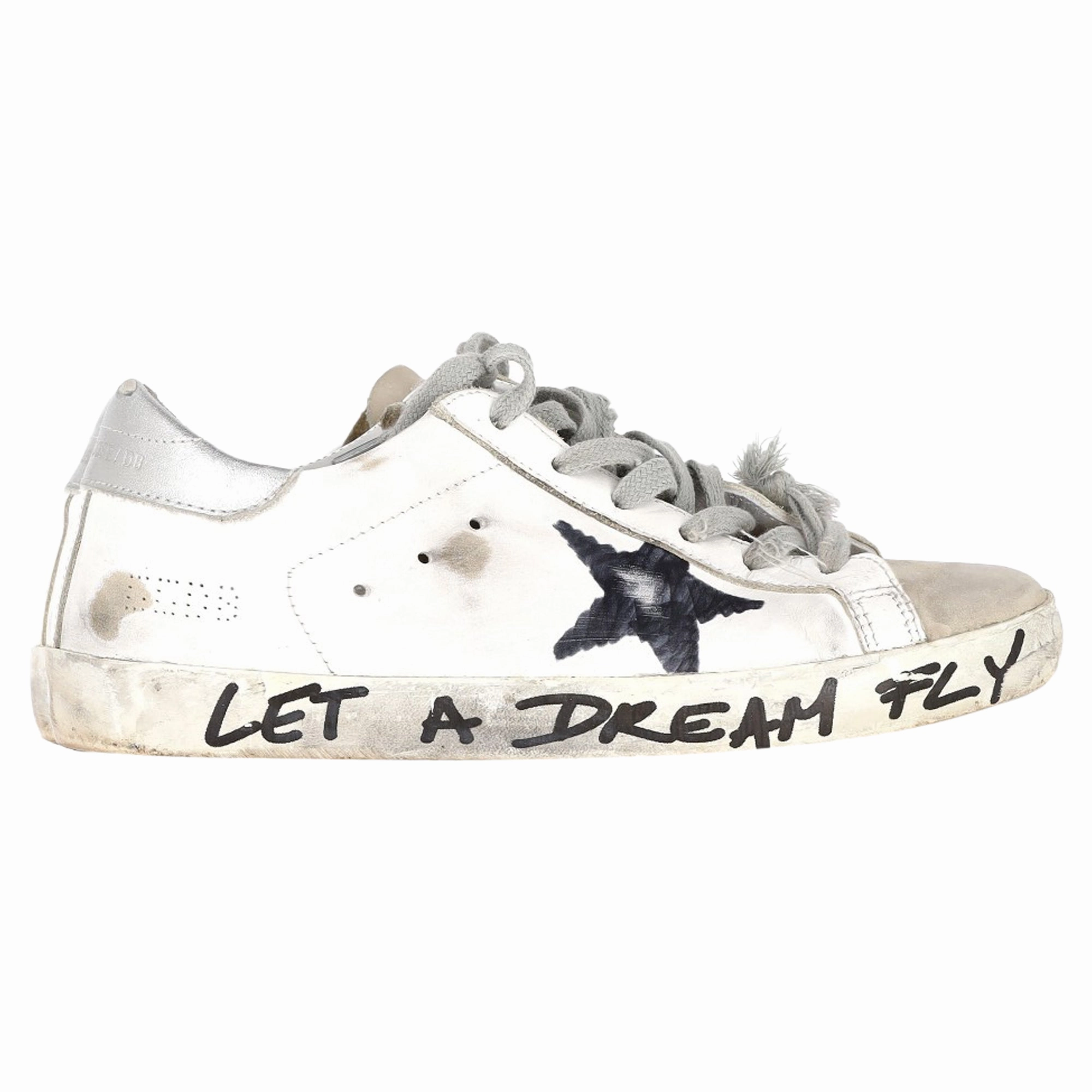Golden Goose Super-Star "Let a Dream Fly" Lace-Up Sneakers in White Calfskin Leather Carbon Fiber Reinforcement Impact Diffusion
