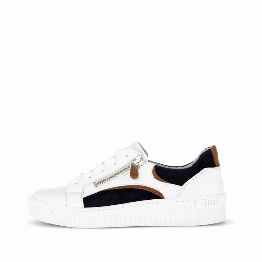 Gabor Women's Double Zip Tie Sneaker in Weiss/Marine/Lion White/Navy/Tan Walkable Fit Drop Hike
