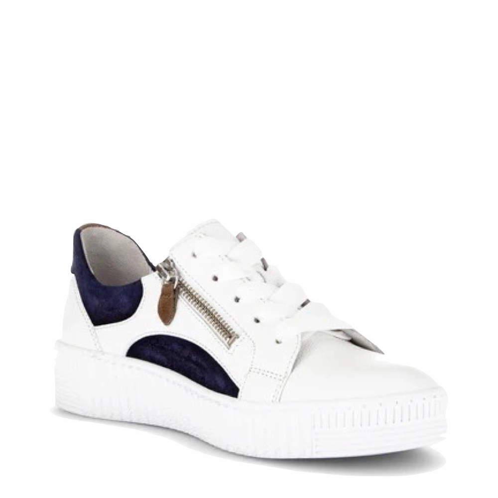 Anatomical Toe Box Gabor Women's Double Zip Tie Sneaker in Weiss/Marine/Lion White/Navy/Tan