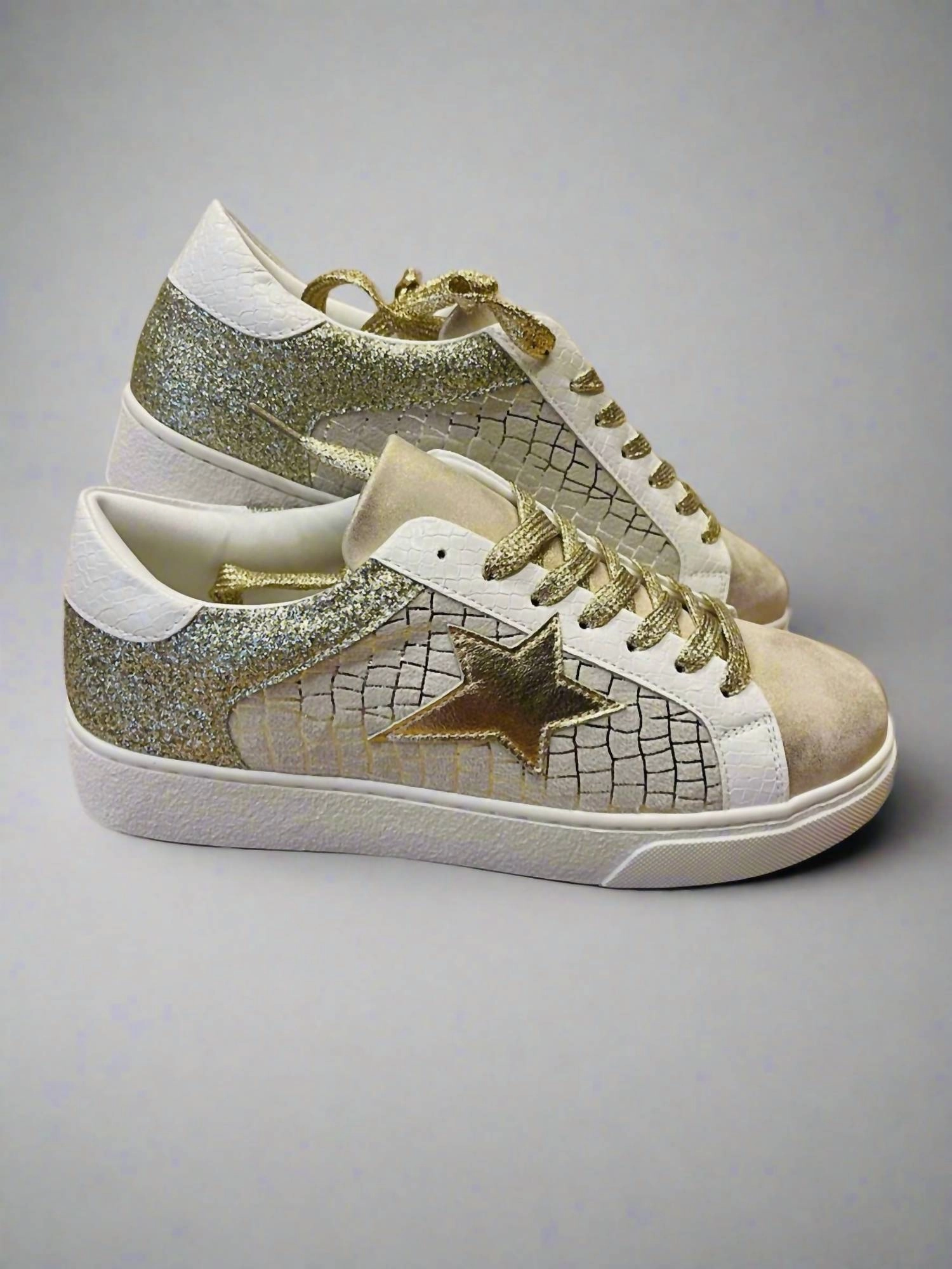 Glitter Star Patchwork Leather Lace-Up Sneakers In Gold Hexagonal Grip Tread