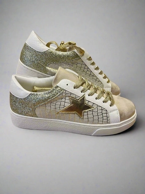 Comfortable Stretch Glam support Glitter Star Patchwork Leather Lace-Up Sneakers In Gold