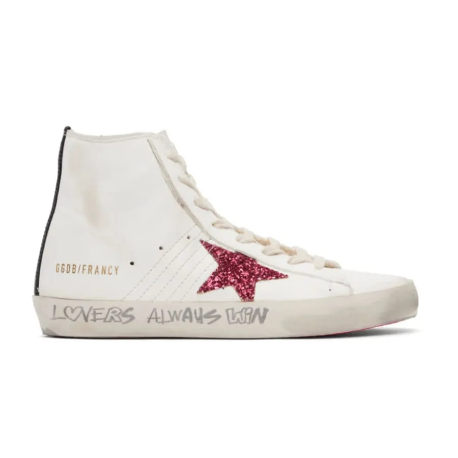 Travel Ready Hyper Durable Outsole Golden Goose Francy White Leather and Pink Glitter Star Women's Sneakers