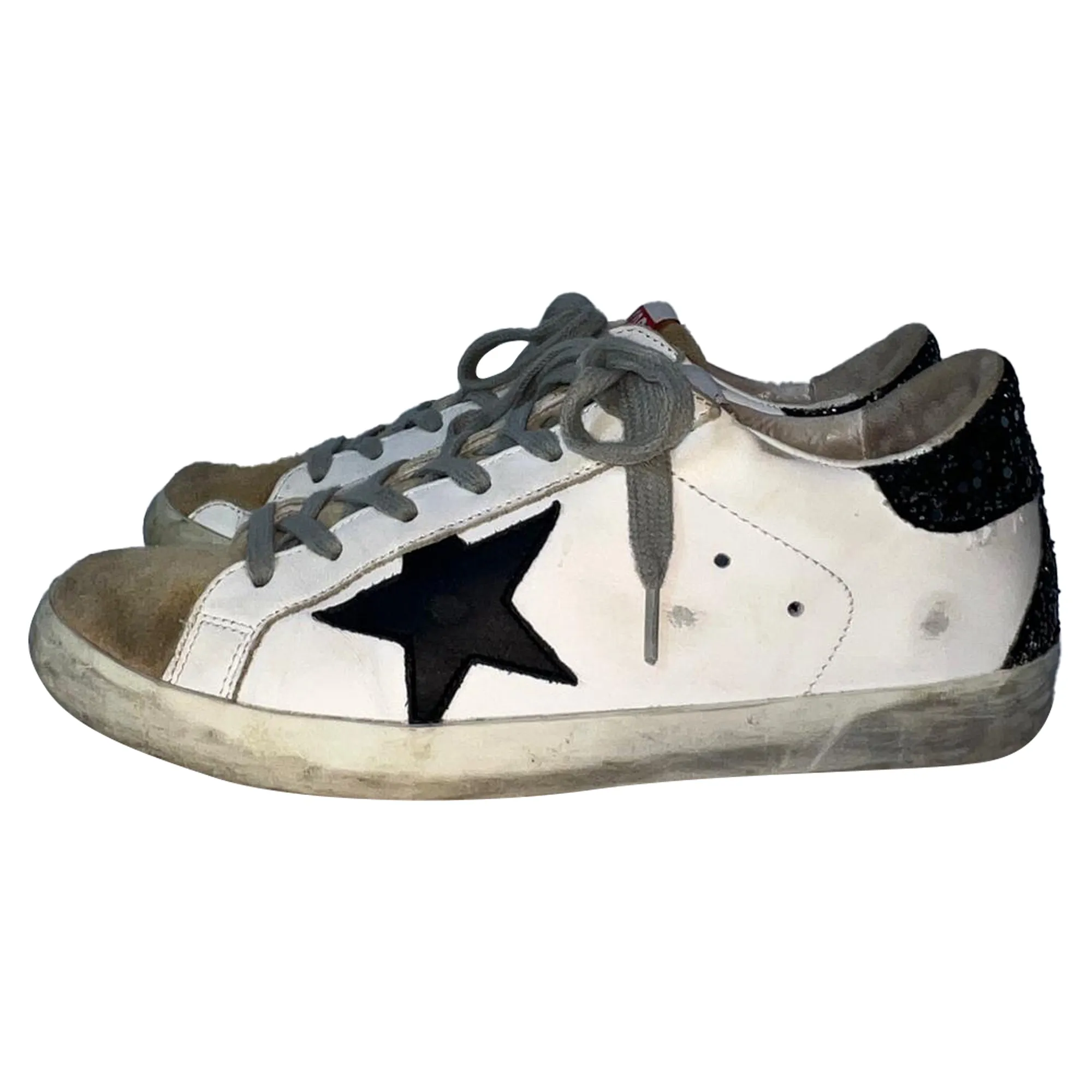 Golden Goose Super-Star Glittered Heel Tab Low-Top Sneakers in White Cowhide Leather Back Pull