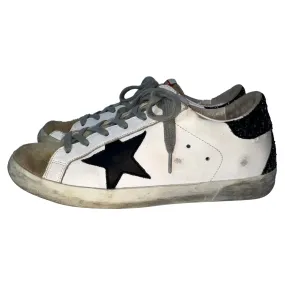 Golden Goose Super-Star Glittered Heel Tab Low-Top Sneakers in White Cowhide Leather Back Pull