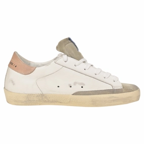 Compression resistant Golden Goose Super-Star with Black Glitter Star and Pink Heel Tab Sneakers in White Leather
