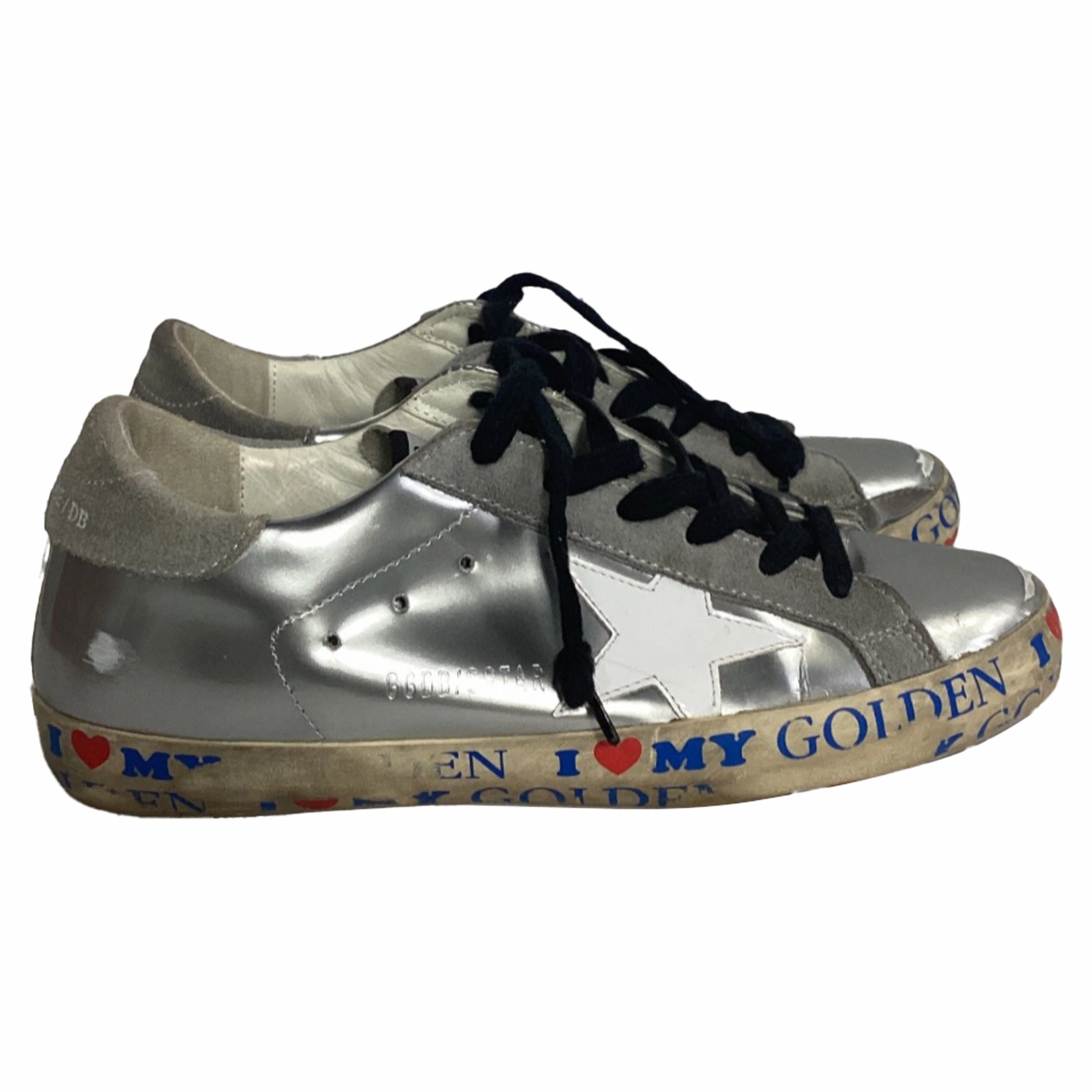 Non Marking Sole Golden Goose Superstar Love Golden Low Top Sneakers in Silver Leather