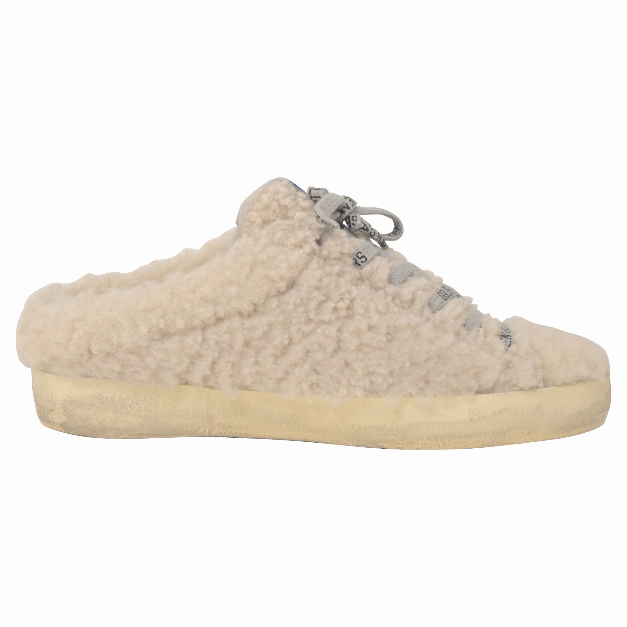 Minimal Comfort Dynamic Traction Golden Goose Superstar Sabot Distressed Glittered Shearling Slip-On Sneakers in White Wool