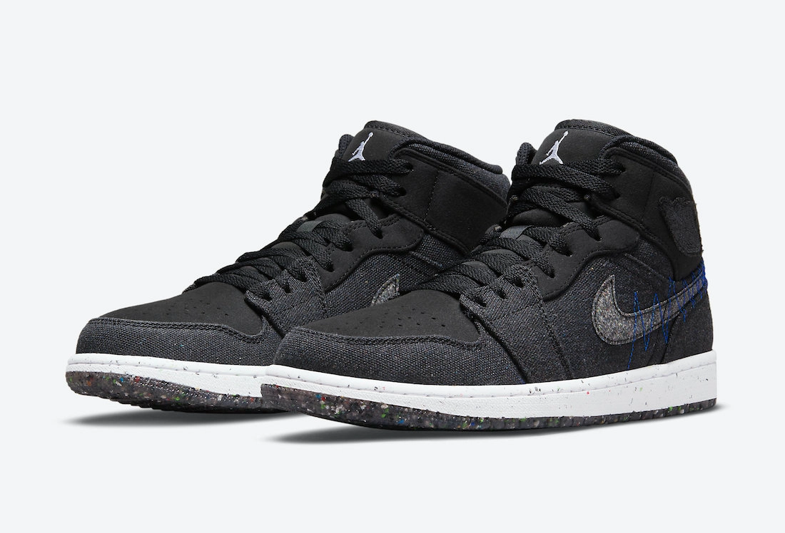 Nike Men's Air Jordan 1 Mid Crater Shoes - Black / Racer Blue / White / Multi-Color Reinforced Heel Counter