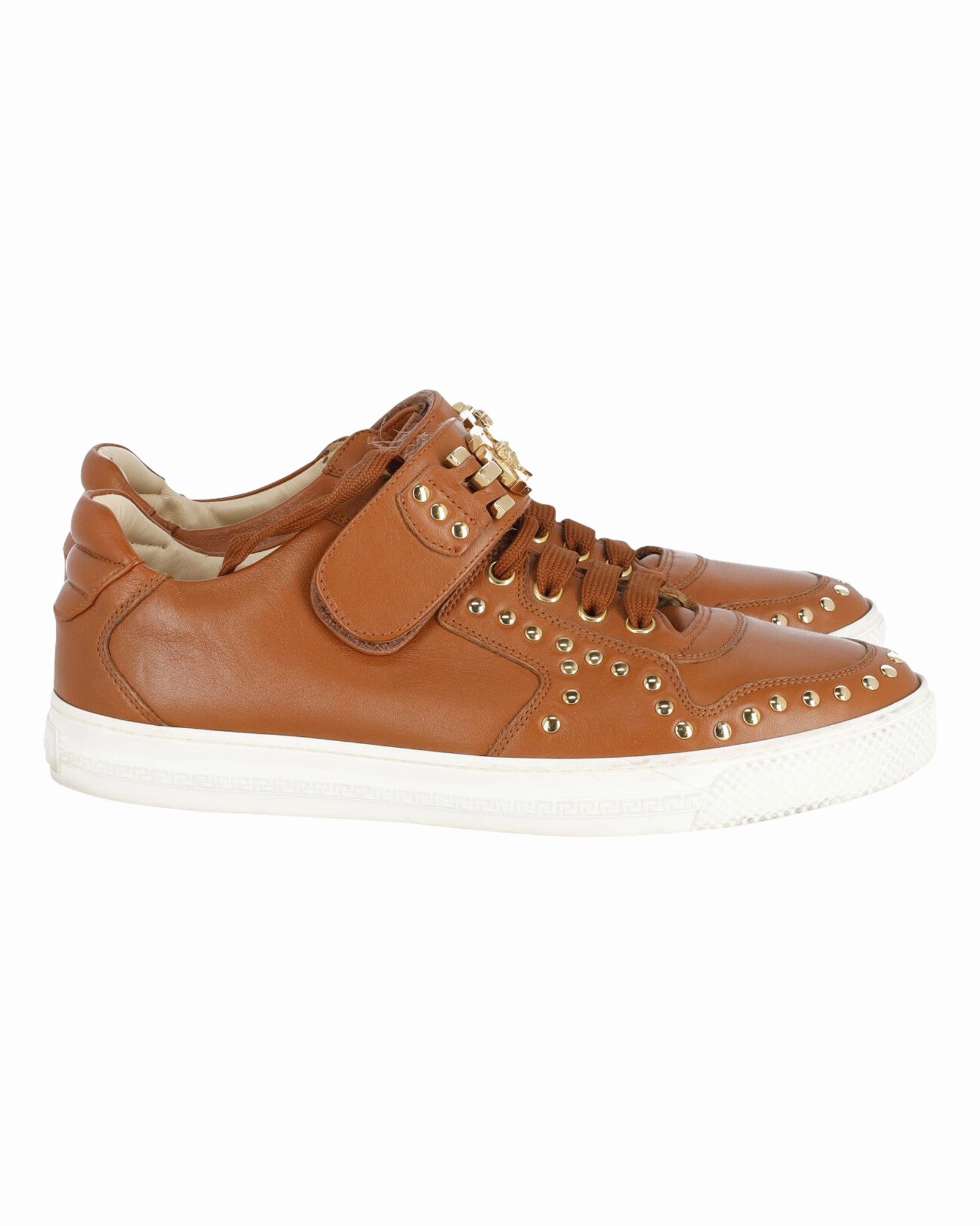 City Shift Cushioned Versace Medusa Studded Low Top Sneakers in Tan Leather