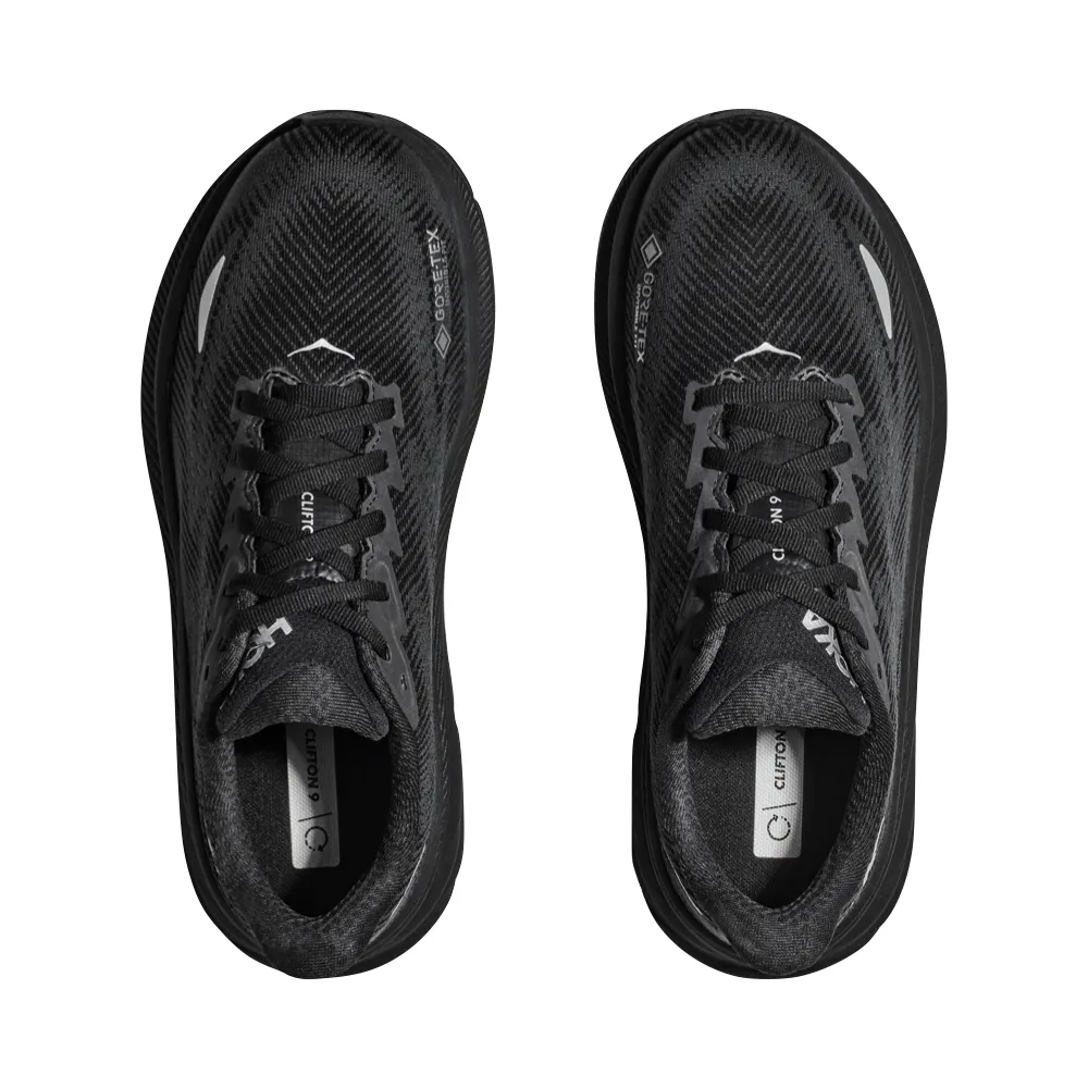 Snack Step Ankle Style Hoka Men's Clifton 9 GTX Sneaker in Black/Black