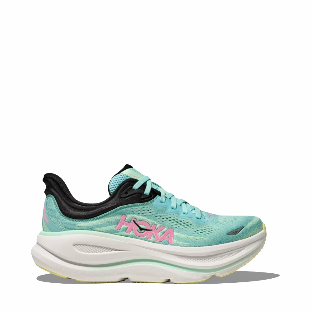 No Lace Anywhere Life Hoka Women's Bondi 9 Sneaker in Blue Spark/Mint Fluorite