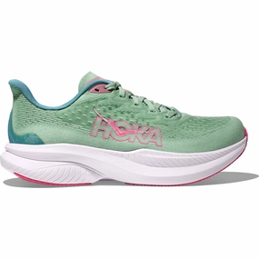 Hoka Women's Mach 6 Sneaker in Jadeite/Alpine Blue Breathable Vent Holes Flexible Wear