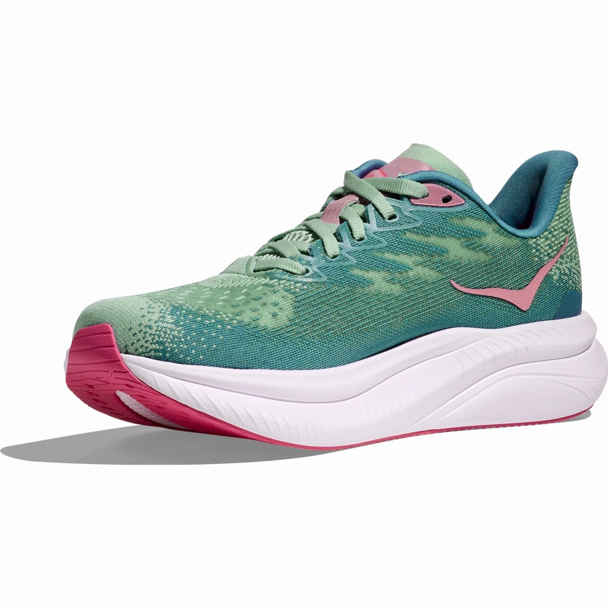 Canyon Jog Earth Tone Hoka Women's Mach 6 Sneaker in Jadeite/Alpine Blue
