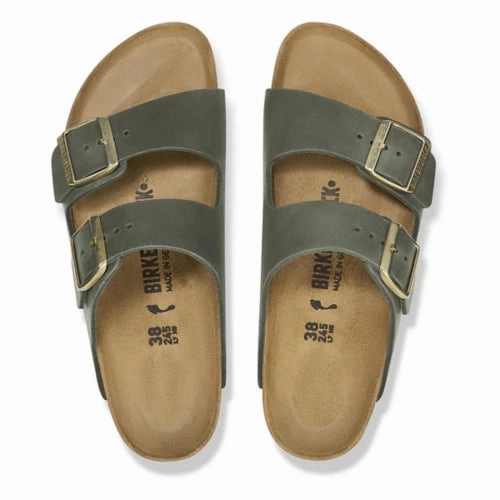 Birkenstock Women's Arizona Oiled Leather Sandal in Thyme Stain Resistant