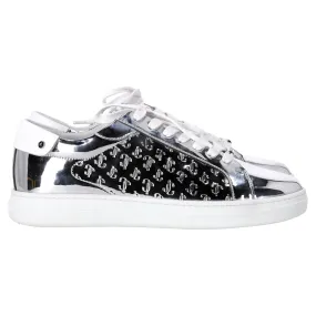 Minimalist Stitch Design Jimmy Choo Rome/F Monogram Sneakers in Metallic Silver Leather