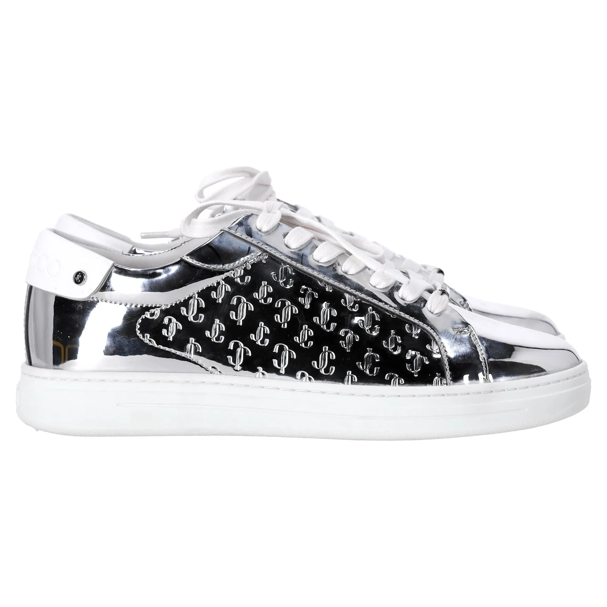 Minimalist Stitch Design Jimmy Choo Rome/F Monogram Sneakers in Metallic Silver Leather