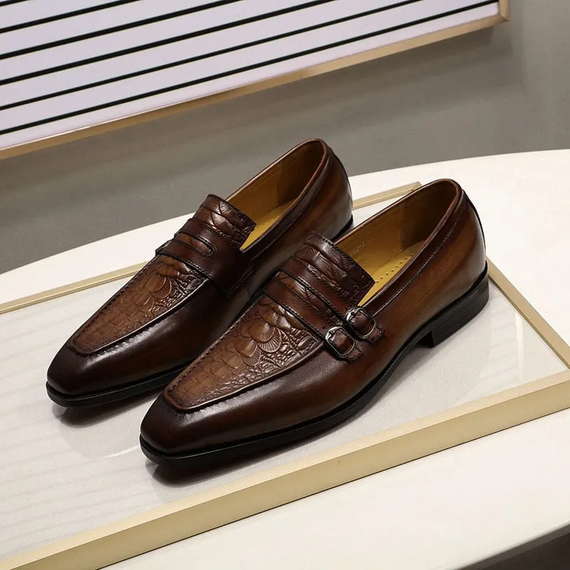 Air Lane Step Neat The Milanino 2 - Double Monkstrap Leather Loafers (Crocodile pattern)