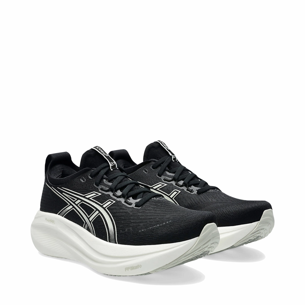 Asics Women's Gel Nimbus 27 Sneaker in Black/Lake Grey Sustainable Production Process Arch support