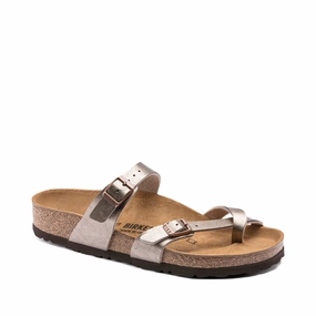 Birkenstock Women's Mayari Birko-Flor Toe Loop Sandal in Graceful Taupe Metallic Fit Freedom